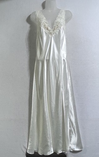Victorias Secret Vtg Cream Satin M Long Slip Maxi Dress Slit Lace Coquette 90s