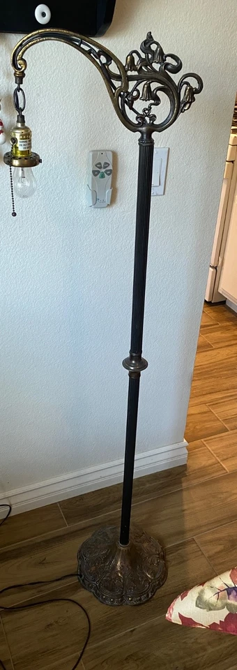 Antique Victorian Art Nouveau Gothic Brass Wrought Iron BridgeArm Floor Lamp - Image 2 of 4