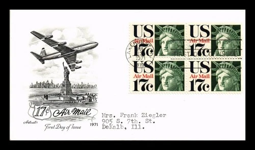 DR JIM STAMPS US COVER AIR MAIL 17C STATUE OF LIBERTY FDC SCOTT C80 BLOCK OF 4