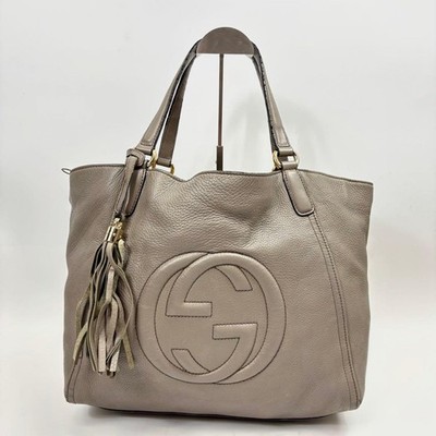 Gucci Soho Tote Bag, Leather, Fits A4 Size, Greige, Tassel Greige large capacity
