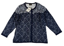 Bob Mackie Art To Wear Cardigan Sweater Size 3X Navy Blue White Floral Lace NWT