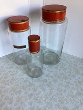 Three Antique French Apothecary Pharmacy Jars Red Tole-ware Tin lids Display