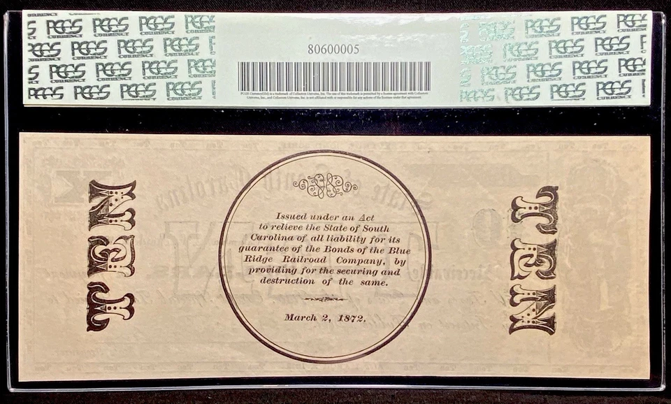 1872 SOUTH CAROLINA Columbia $10 Railroad Obsolete Banknote Currency PCGS ChAU58 - Image 2 of 4
