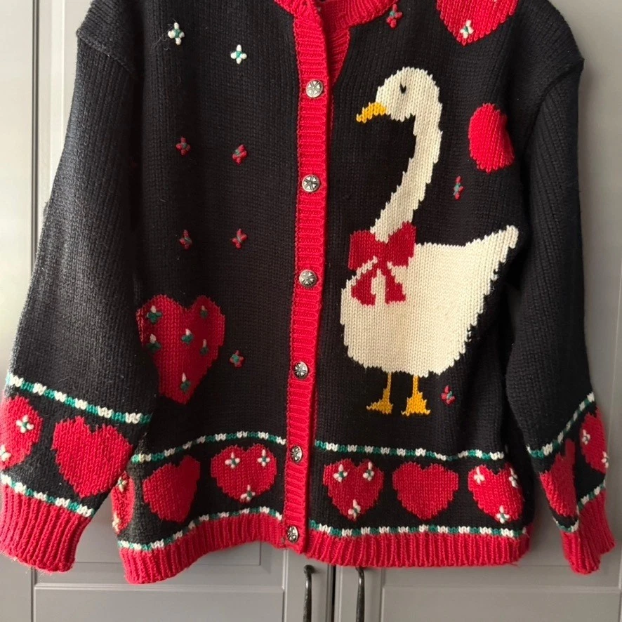 Cárdigan Suéter Karen Scott Vintage Cottagecore Goose & Hearts Tejido, Negro Rojo, M Foto 4 de 4