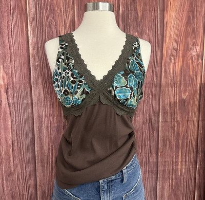 bisou bisou y2k v neck ribbed tank top silky paisley brown blue size small