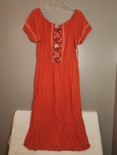 Old Navy Boho Embroidered Orange Maxi Dress with Floral Panel Size Large