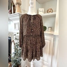 Michael Kors Pleated Flared Georgette Leopard Dress Dark Camel JF08V5UTG XS