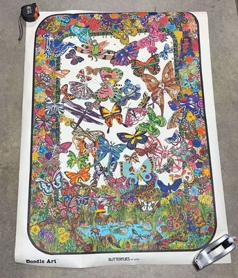 Vintage 70s Butterflies by Moira 1973 Doodle Art Poster Large 30x40