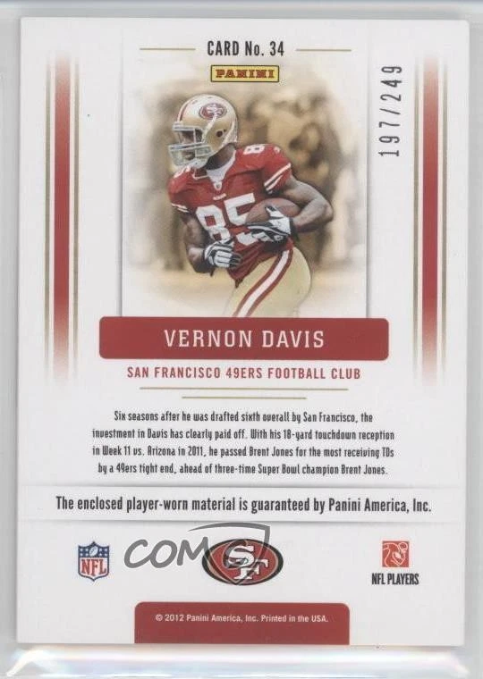 2012 Playoff Prestige Team Foundations Materials /249 Vernon Davis #34 - Image 2 of 2