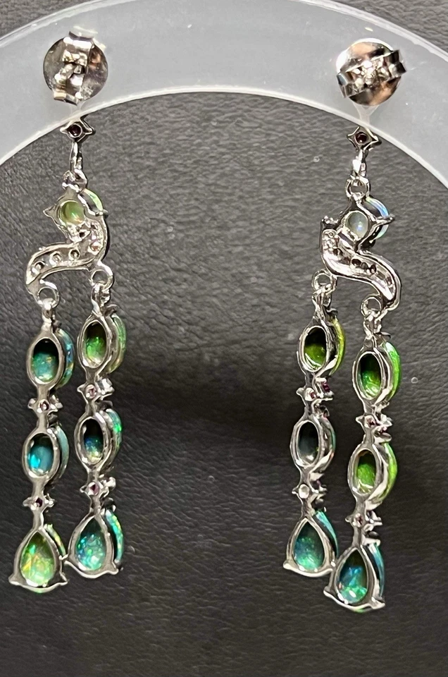 Sterling Silver 925 Authentic Black Fire Opal Sapphire Multi Gemstone Earrings - Image 3 of 4