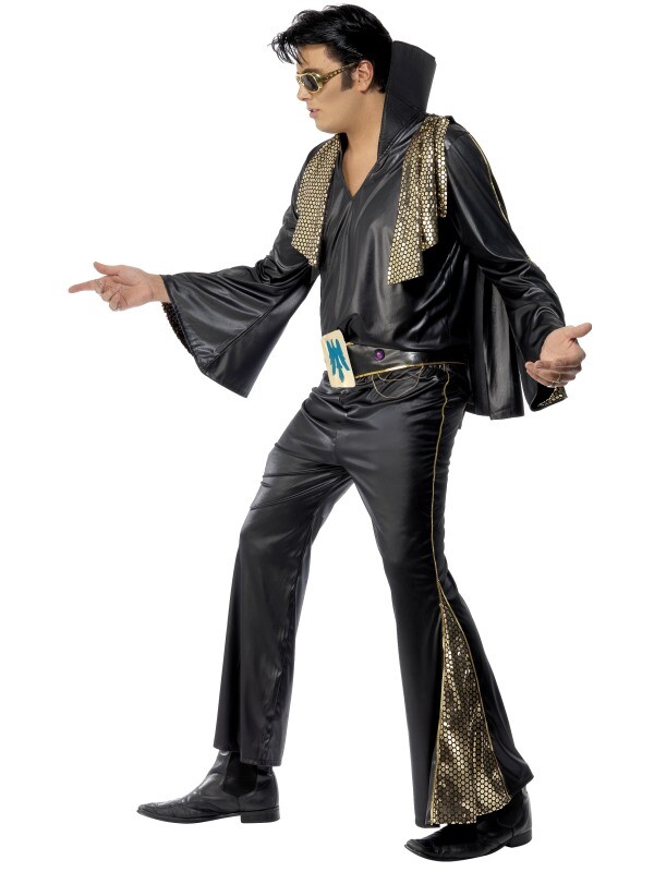 Mens 70s 1970s Licensed Elvis Presley Fancy Dress Costume Black New by