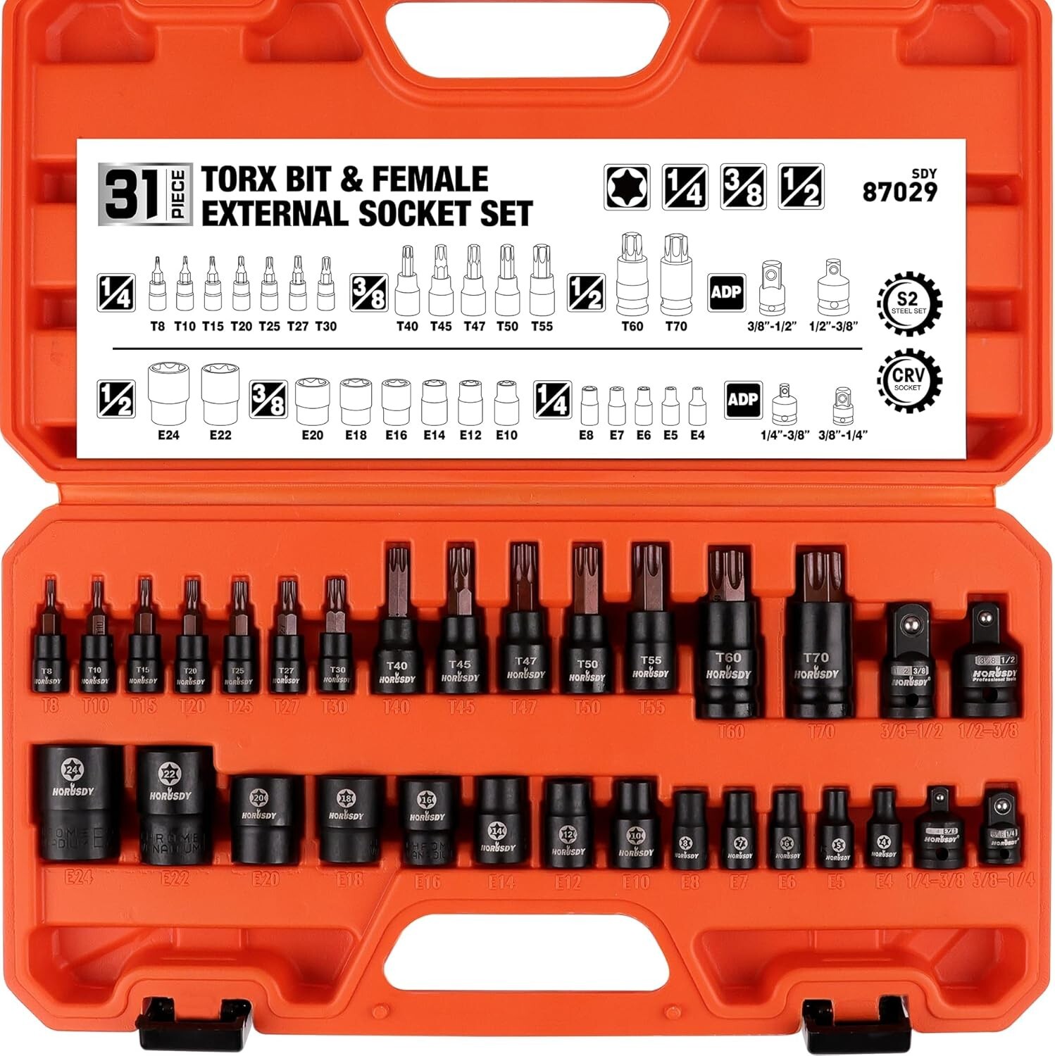 31Pcs Torx Bit Socket Set with 14 Star Bits T8-T70 & 12 Female E-Torx Sockets E4