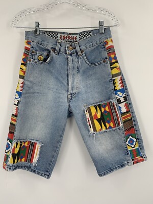 Vtg ENERGIE WICKY HASSAN Denim Jean Shorts Slim Sz 26 Waist Patchwork Mexican