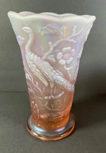 Fenton Pink Iridescent Opalescent Glass Peacock Garden Vase 8"