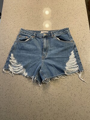 Topshop Women's Distressed Denim Mid Rise Shorts Size 10