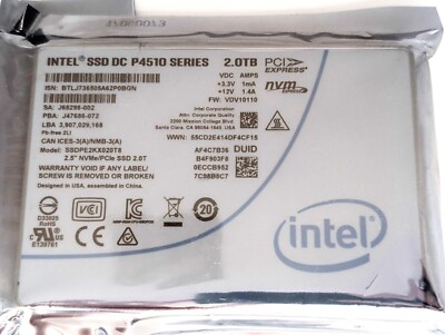 Intel P4510 2TB PCIe Gen3 x4 NVMe U.2 2.5'' Enterprise SSD - SSDPE2KX020T8