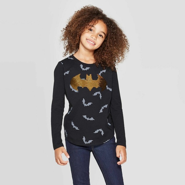 Youth Girls Batman & Bats Halloween Flip Sequin Long Sleeve Shirt