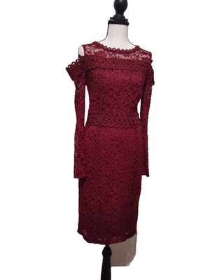 REBECCA B WOMEN'S ELEGANT BURGUNDY LACE COLD SHOULDER MIDI DRESS SIZE 4