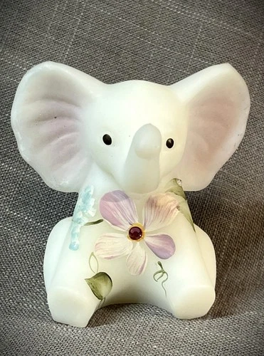 Fenton Dewdrops Collection Elephant Opal Satin Glass Figurine Crystals Handpaint