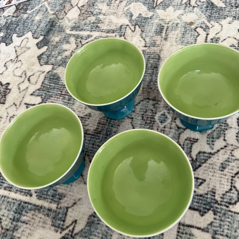 4 Footed Sherbet, Ice Cream Glass, Teal And Lime Unknown Milk Glass Brand - Image 3 of 4