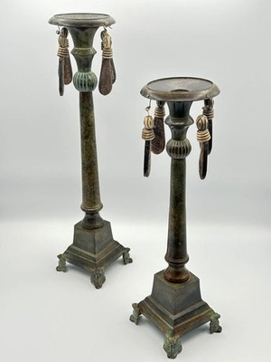 Pair Vintage Patinated Metal Candlesticks 16'' & 13.75'' Exotic Tassel
