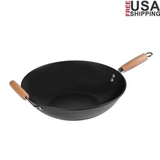 Non-Stick Carbon Steel Wok Easy Clean Large Cooking Utensil Stir-Fry Meals New