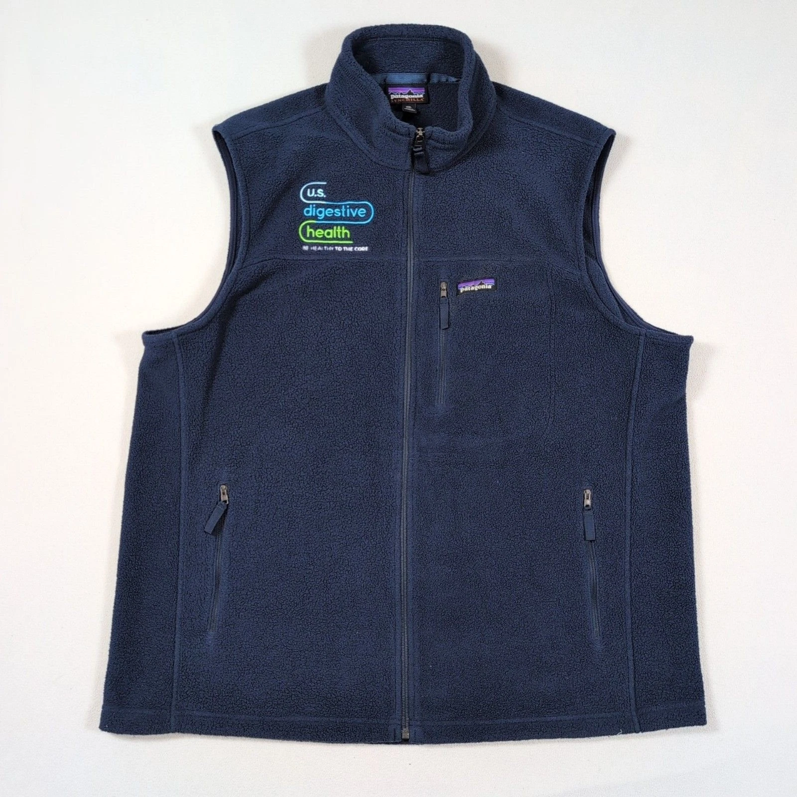 Patagonia Synchilla Vest Mens 2XL Blue Full Zip Fleece Hiking Outdoors Embroider