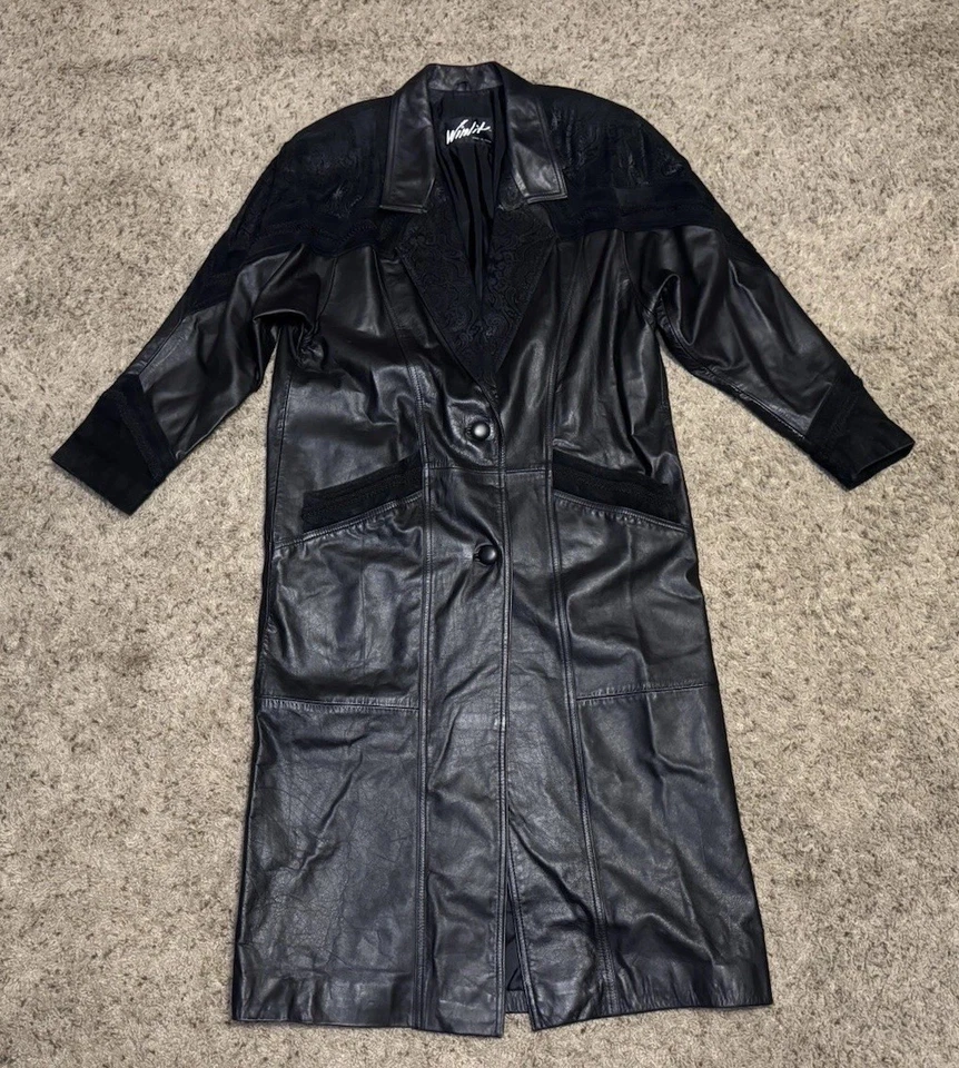 Gabardina Chaqueta WINLIT Vintage Cuero Cachemira Negra Larga Línea Plumero Gótico L Foto 3 de 4