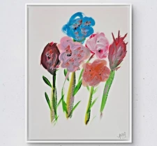 Playful Flowers Home Decor Original Acrylic Painting 9X12 PAPER Colorful Signed