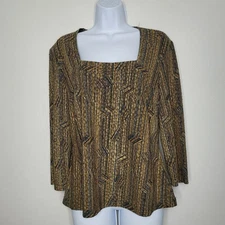 Brown gold line print art to wear grunge square neck 3/4 sleeve top large