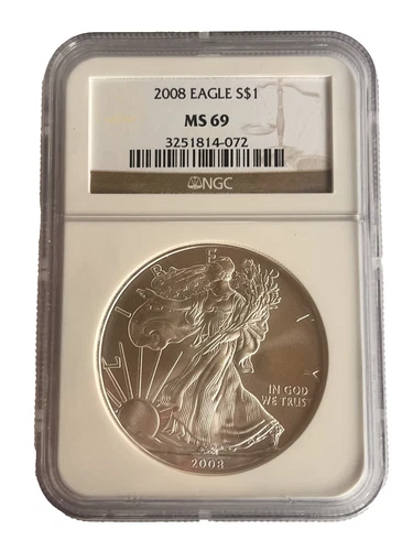 2008 American Silver Eagle $1 Dollar Coin One Troy Ounce 0.999 Fine NGC MS69
