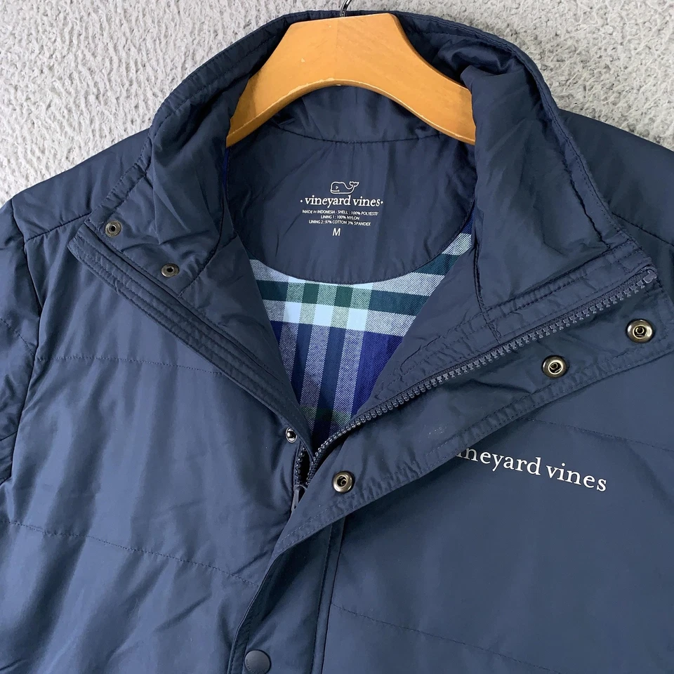 Vineyard Vines Jacket Mens Medium Blue Quilted Plaid Lined Snap Zip Coat Puffer - Image 4 of 4