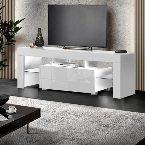 LED Entertainment Unit TV Cabinet 130cm High Gloss Tempered Glass Shelf White AU - Picture 9 of 9