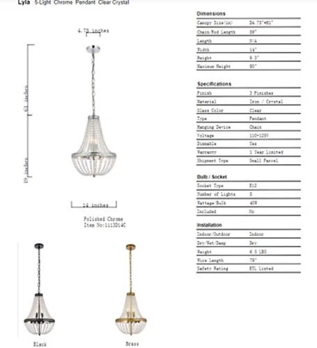 Chrome Crystal Pendant 5 Light Kitchen Foyer Dining Room Chandelier Fixture 14" - Picture 9 of 9