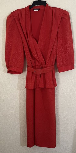 Vintage Breli Originals Red Long-Sleeve Belted Dress Size 18 Y2K 80s Made In USA - Picture 3 of 11