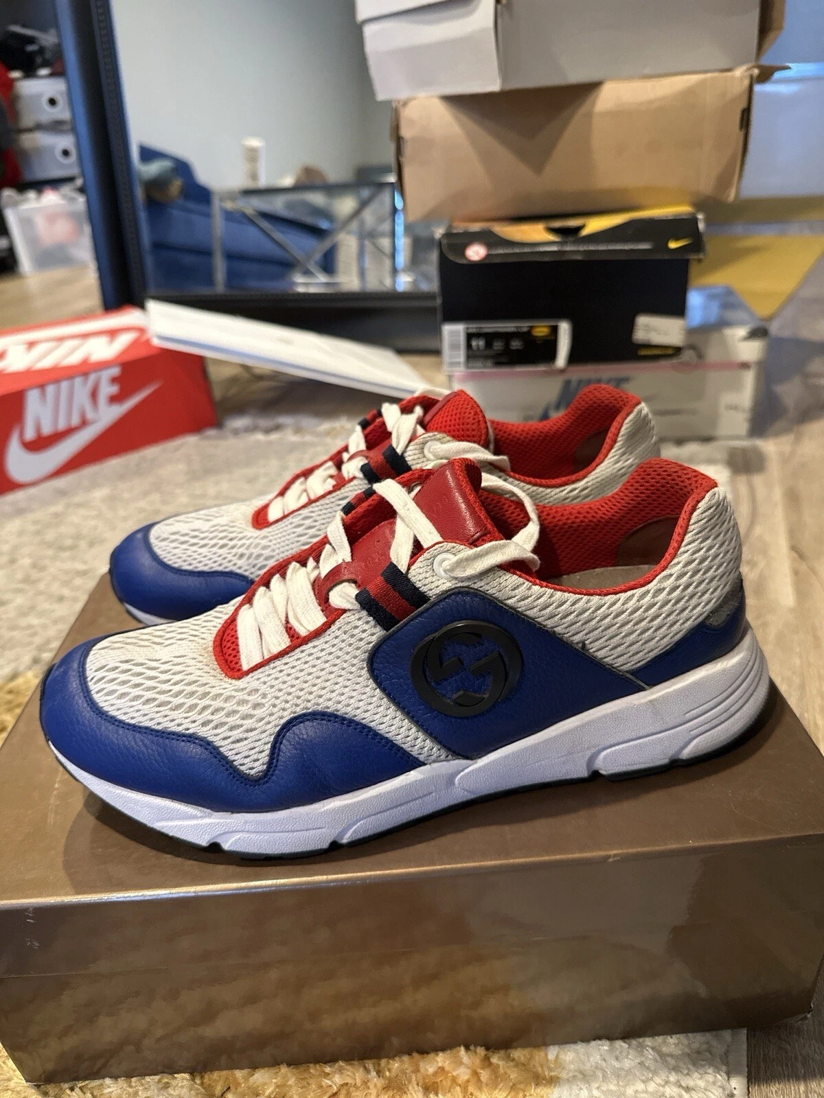 RARE GUCCI Typhoon Baskets Logo GG Rouge Blanc Bleu Air Max 1 As Baskets 9,5G