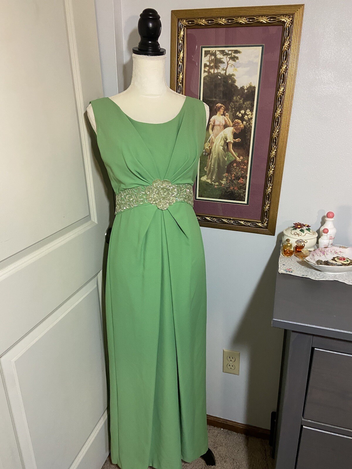 Vintage 1970s Formal Prom Green Sequin Dress - Gem