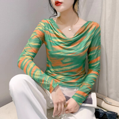 Lady Mesh T-shirts Tops Shirt Blouse Shirts Swing Collar Retro Long Sleeve Basic