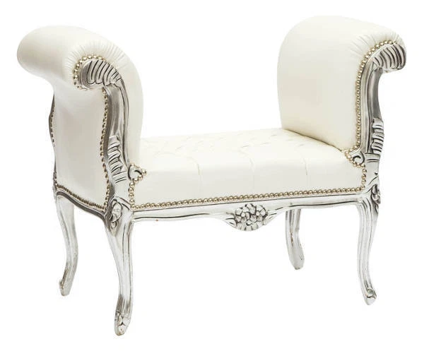 Bench IN Wood Leaf Silver Style Louis XV Eco Leather White