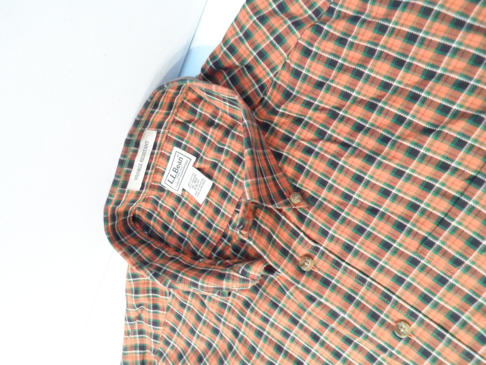 LL BEAN Men's Cotton / Cashmere Shirt Size XL Plaid Orange Button Down