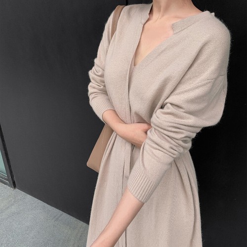 Women Midi Knitted Dress Jumper Sweater V-neck Elegant Tie Belt Long Sleeve - Picture 13 of 18