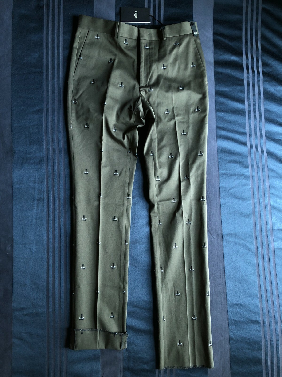 Fendi Men's 34x35 (48) Army Olive Embroidered Pants Unfinished Hem NWT