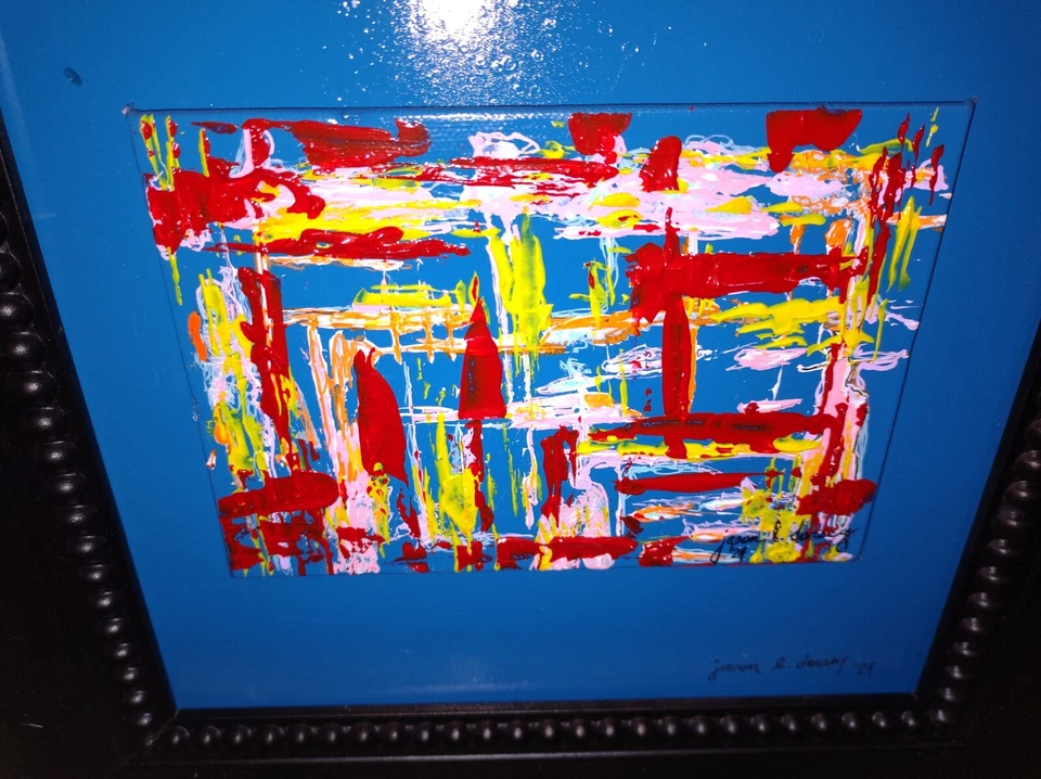 Pintura acrílica abstracta de arte moderno firmada enmarcada grande con certificado de autenticidad multicolor Foto 2 de 4