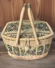 Vintage Wicker Crewel Floral Tapestry Sewing Basket With Pocket And Pin Cushion