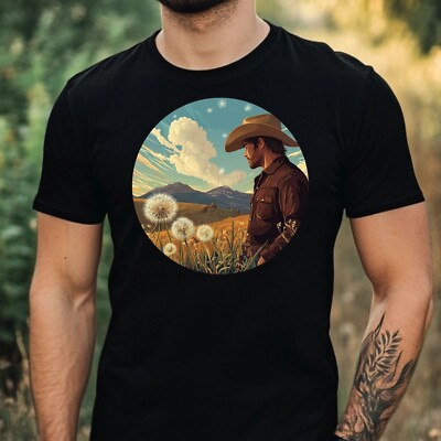 Mens Cowboy Dandelion Print Cotton T-Shirt Size XS to 5XL