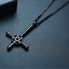 Punk Kette umgedreht Kreuz Anhänger Kruzifix Pentagram Edelstahl Halskette