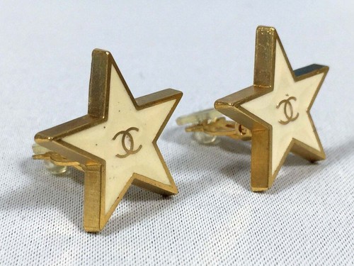 Chanel Coco Mark Earrings 01P Star Shape White x Gold Women's Used - Picture 2 of 7