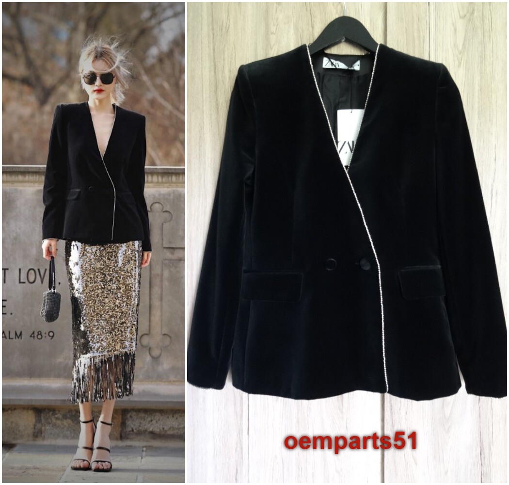 ZARA BLACK VELVET RINESTONE DOUBLE-BREASTED BLAZER SIZE M