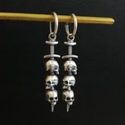 925 Sterling Silver Three Skulls on Sword on Small Hoop Earrings Gothic Unique