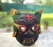 African Wood Mask Hand Carved Ceremonial Tribal Tiki Decor Wall Hanging 10"